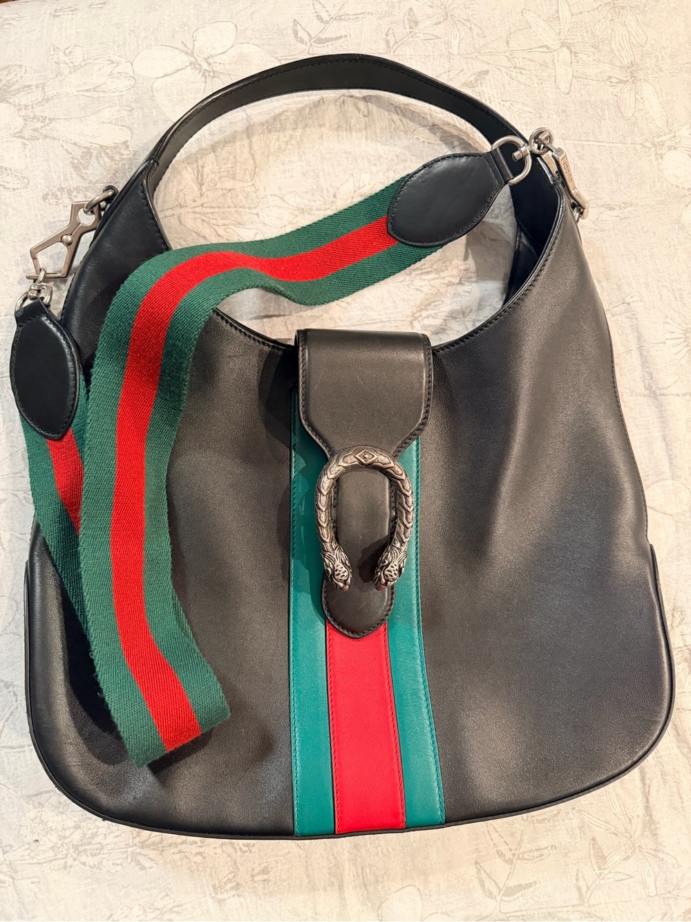 Gucci Black Leather Shoulder Bag with Red and Green Web Stripe